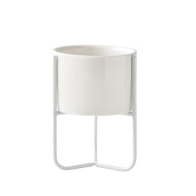 Gold-plated Iron Vase Simple Iron Frame Ceramic Flower Pot (Option: White Rack Low Basin-Perforated)