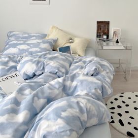 Simple Cloud Bed Sheet Quilt Cover All Cotton Washed Cotton Four-piece Set (Option: Clouds Non Dyed Blue-150CM Fitted Sheet 200X230cm)