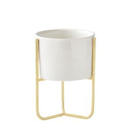 Gold-plated Iron Vase Simple Iron Frame Ceramic Flower Pot (Option: Metal Frame Low Basin-No Hole)